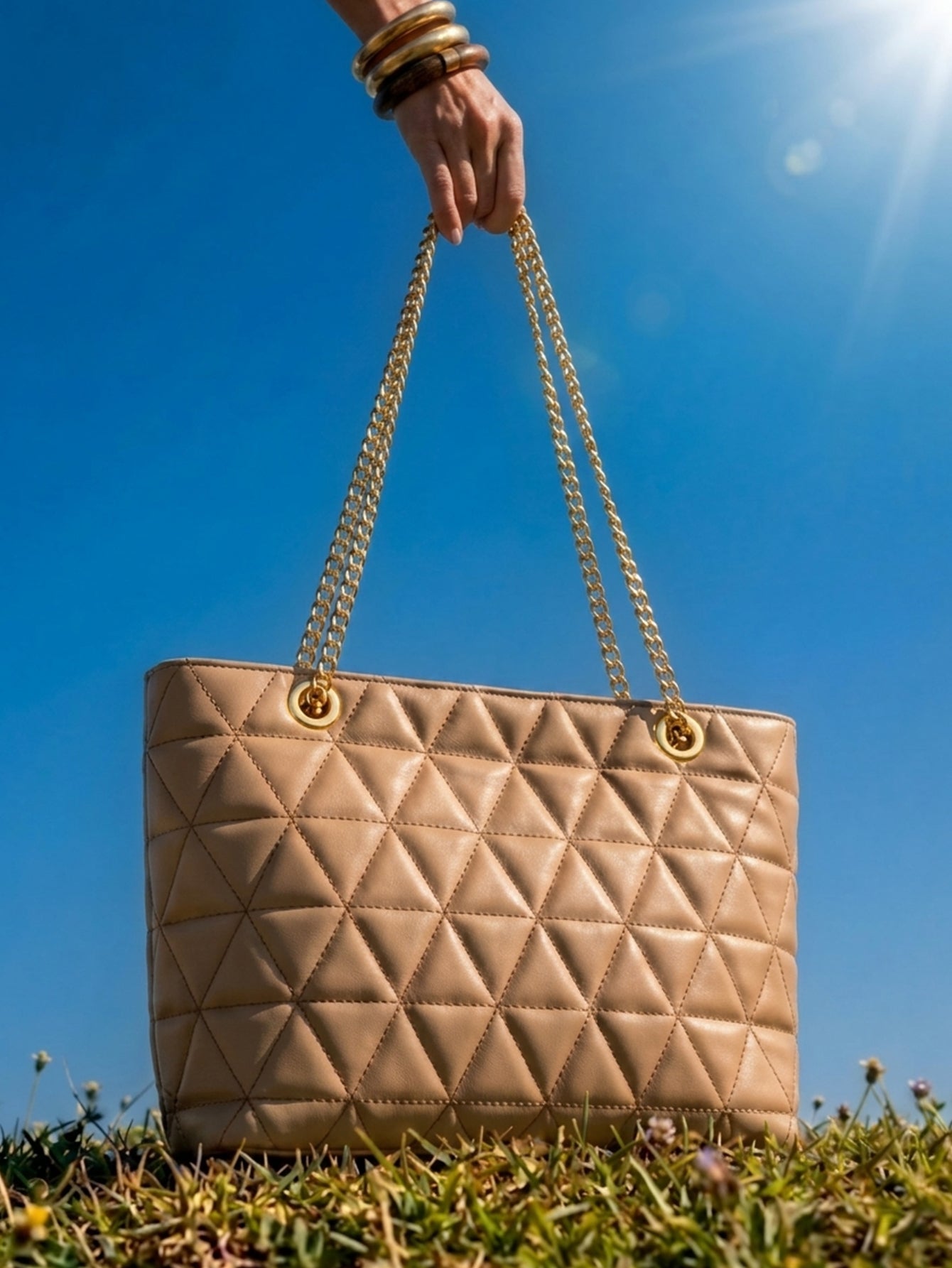 Geometric Pattern Quilted Zip Closure Chain Tote Bag - Khaki - www.thetreasurebox.me