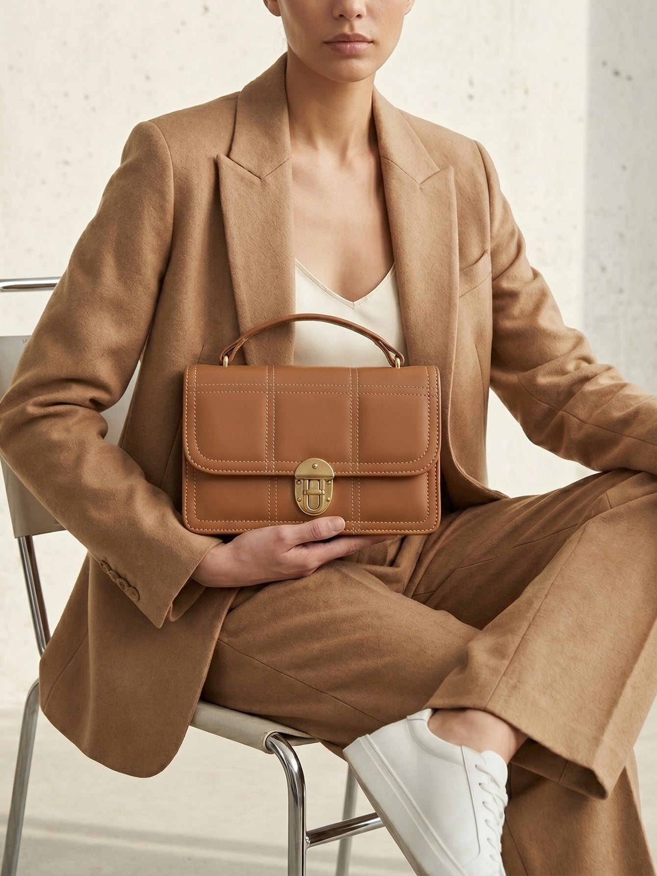 Geometric Quilted Twist Lock Satchel Bag With Strap - Brown