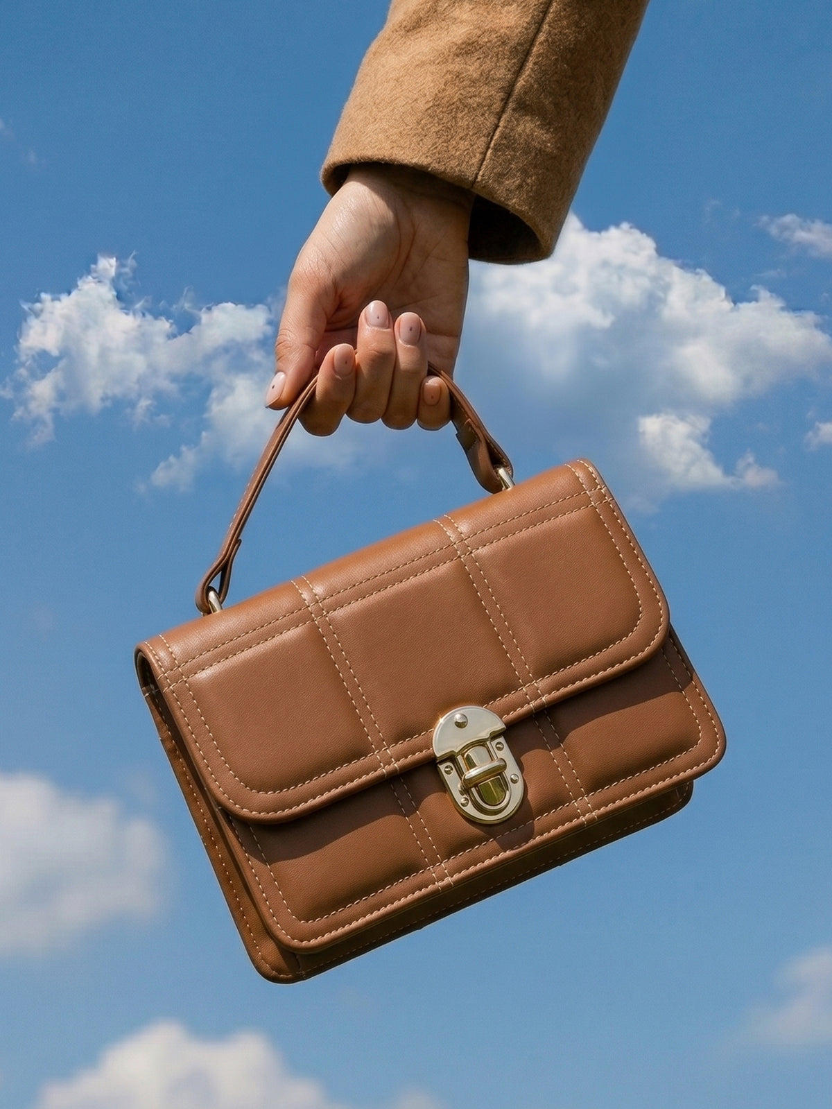 Geometric Quilted Twist Lock Satchel Bag With Strap - Brown