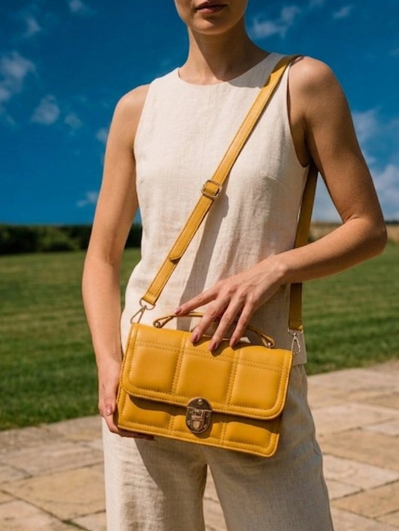 Geometric Quilted Twist Lock Satchel Bag With Strap - Yellow