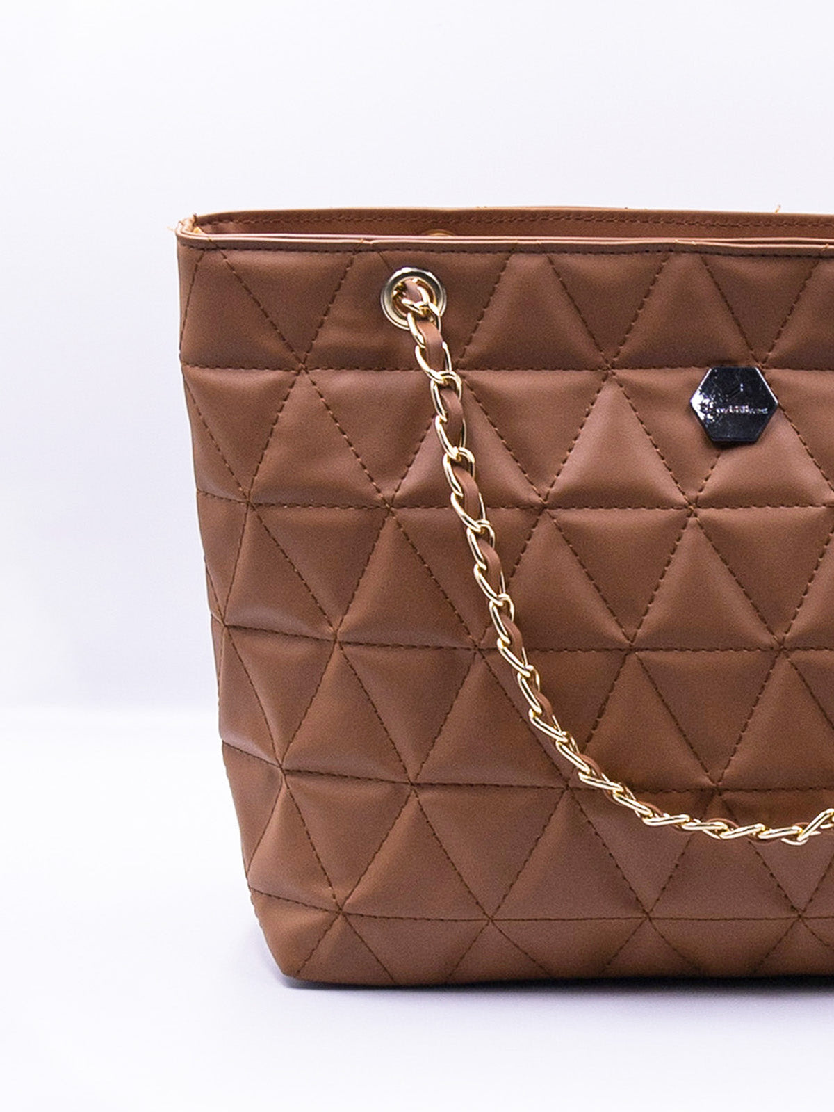 Geo Pattern Quilted Chain Tote Bag - Royal Brown - FD ⚡