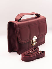 Geometric Quilted Twist Lock Satchel Bag With Strap - Maroon - FD ⚡