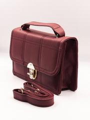 Geometric Quilted Twist Lock Satchel Bag With Strap - Maroon - FD ⚡