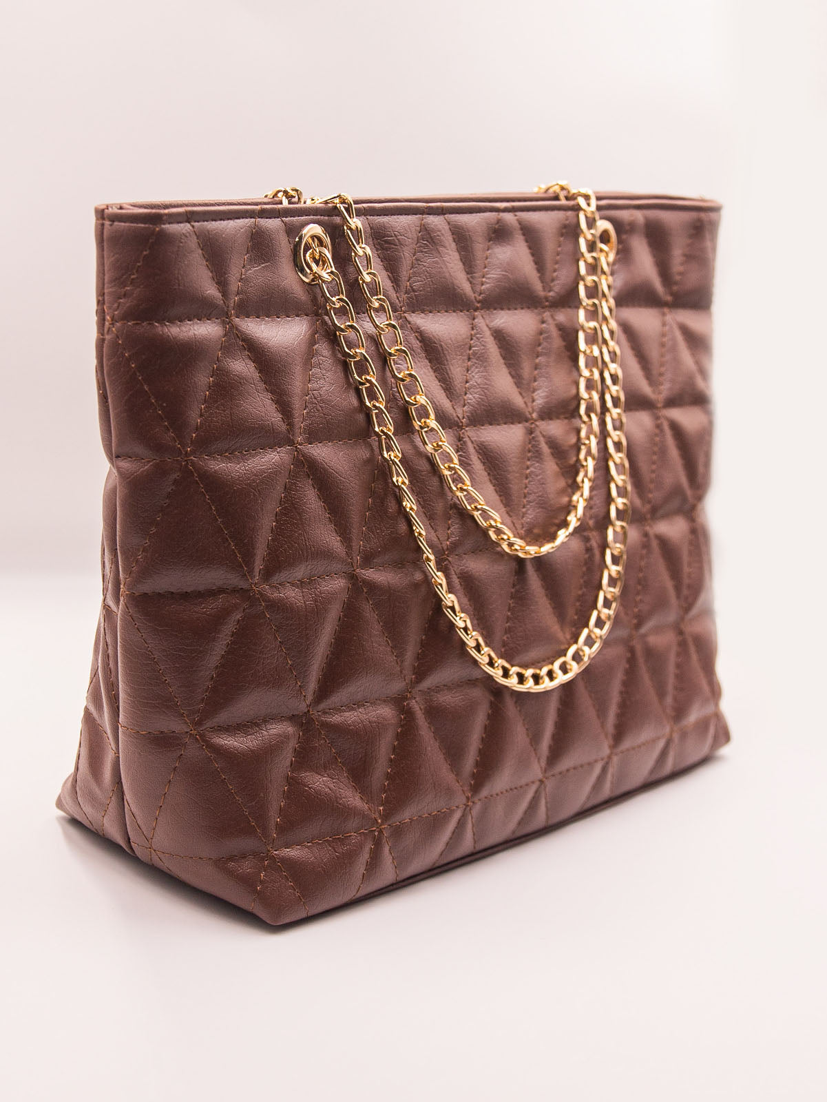 Geometric Pattern Quilted Chain Tote Bag - Mocha Brown - FD ⚡