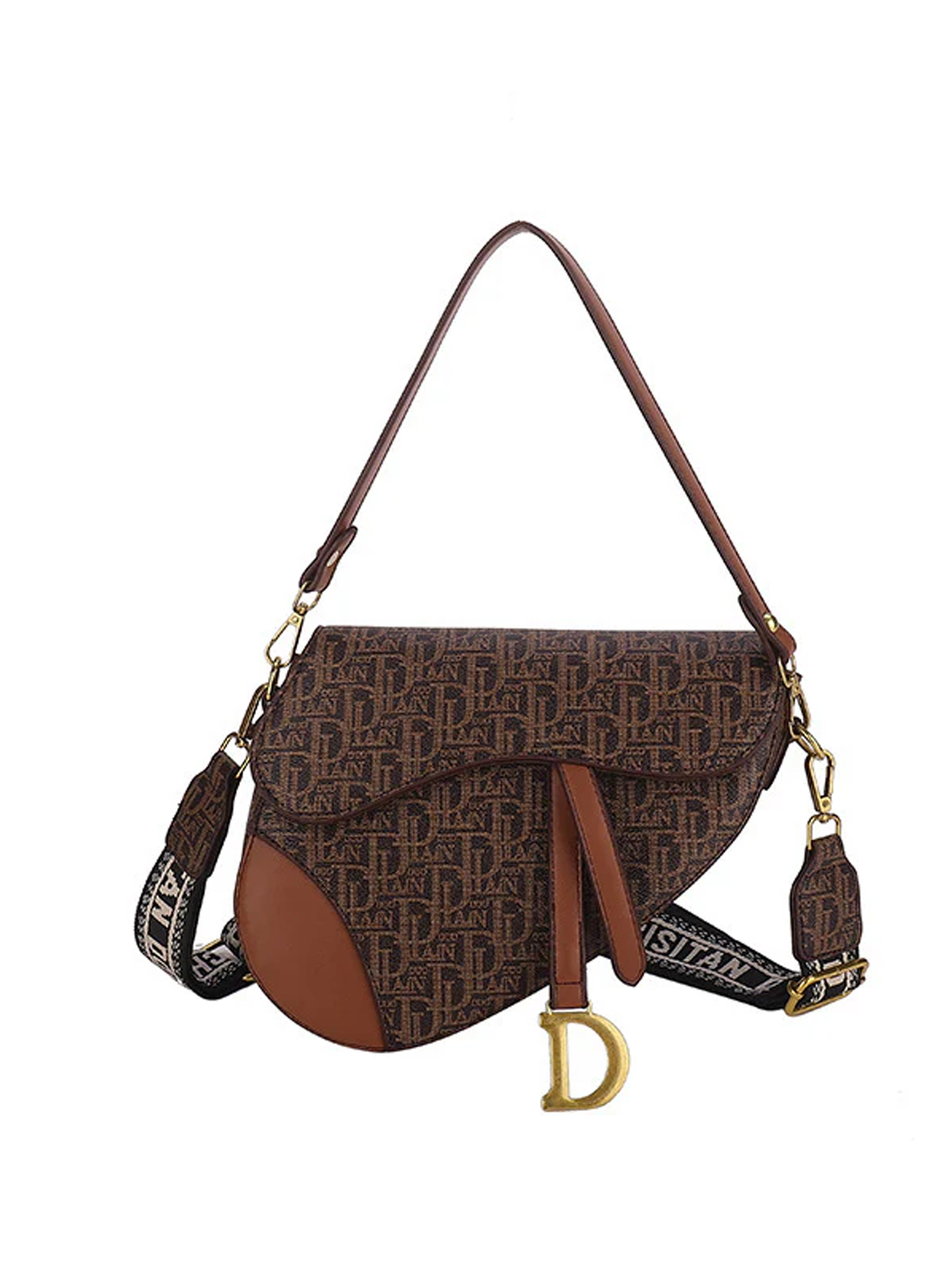 Letter Print Saddle Crossbody Bag - Brown - FD ⚡