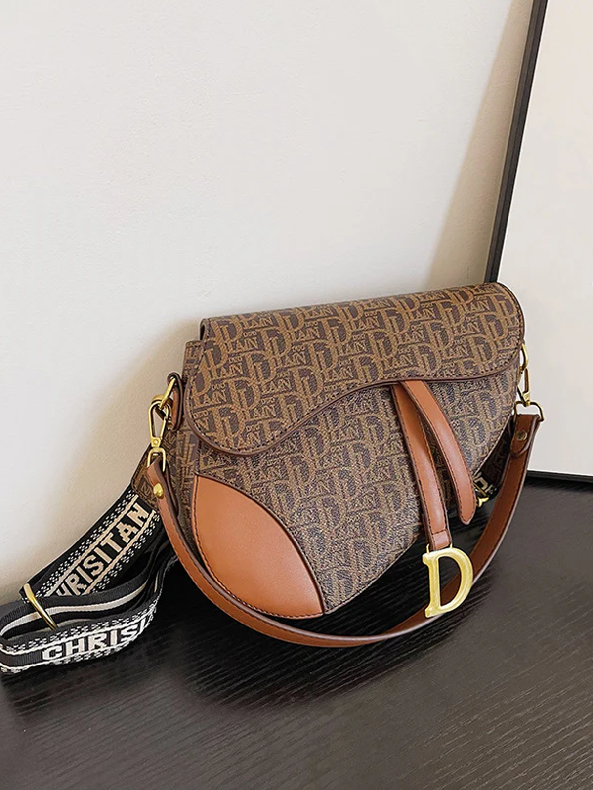 Letter Print Saddle Crossbody Bag - Brown - FD ⚡