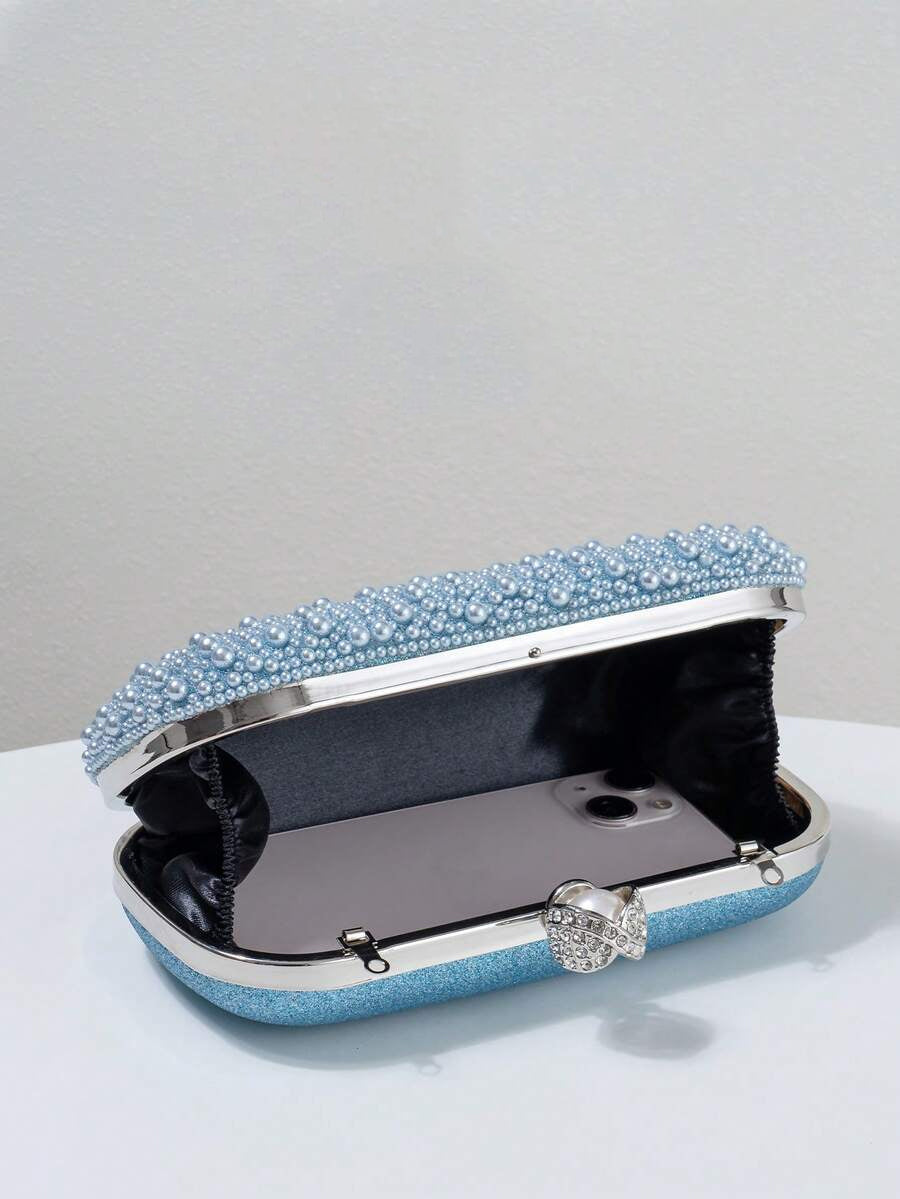 Light Blue Pearl Evening Clutch with Chain