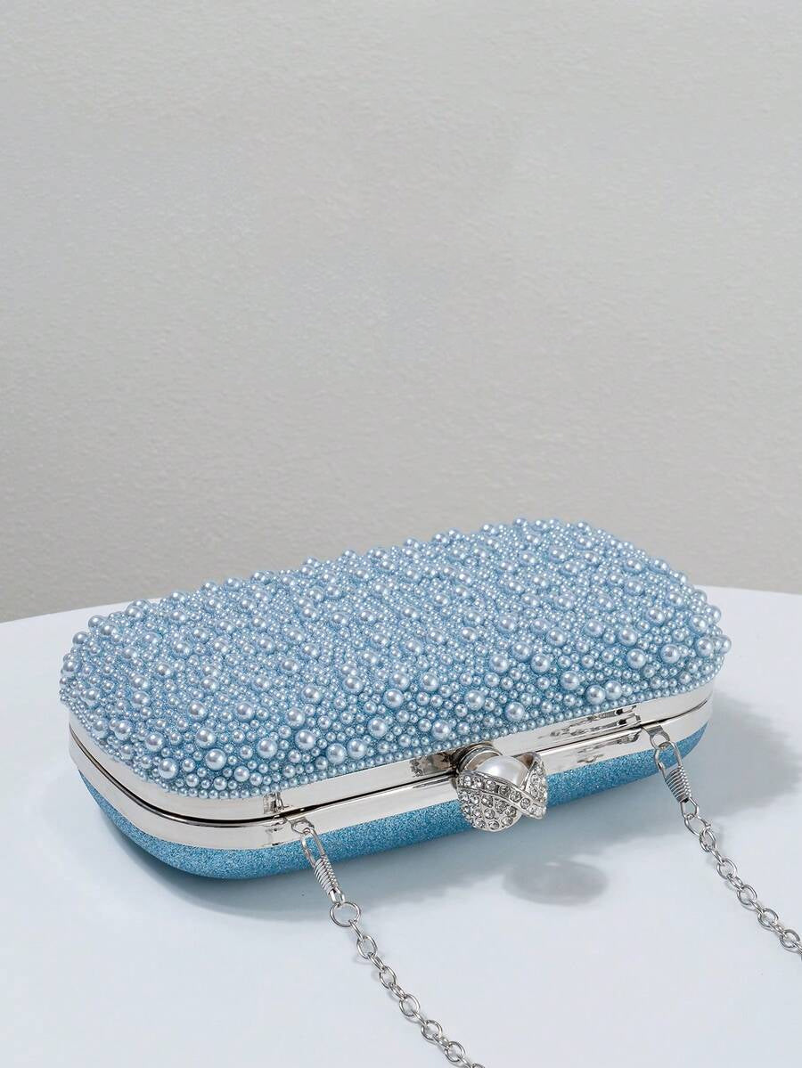 Light Blue Pearl Evening Clutch with Chain