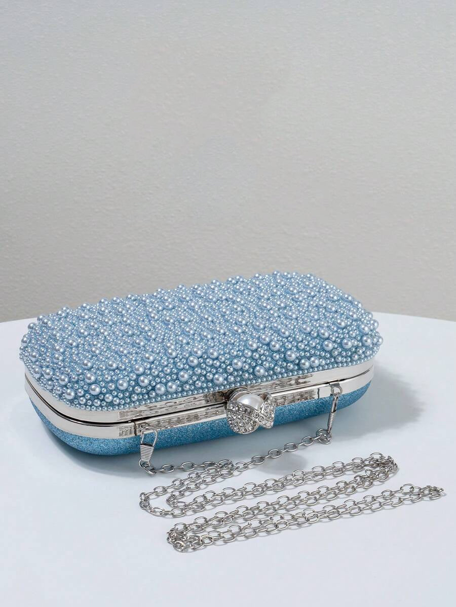 Light Blue Pearl Evening Clutch with Chain