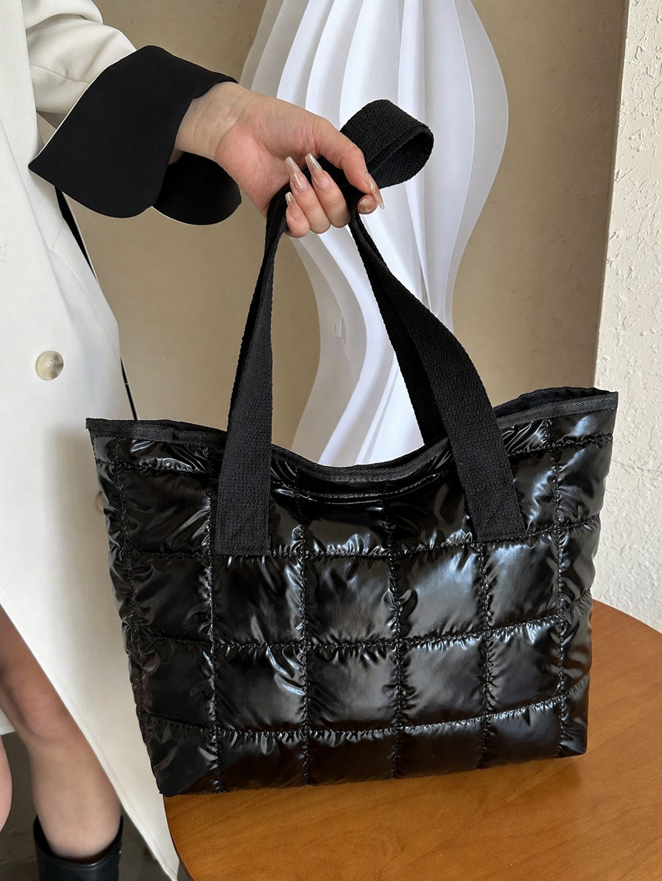 Metallic Black Quilted Large Capacity Waterproof Tote Bag