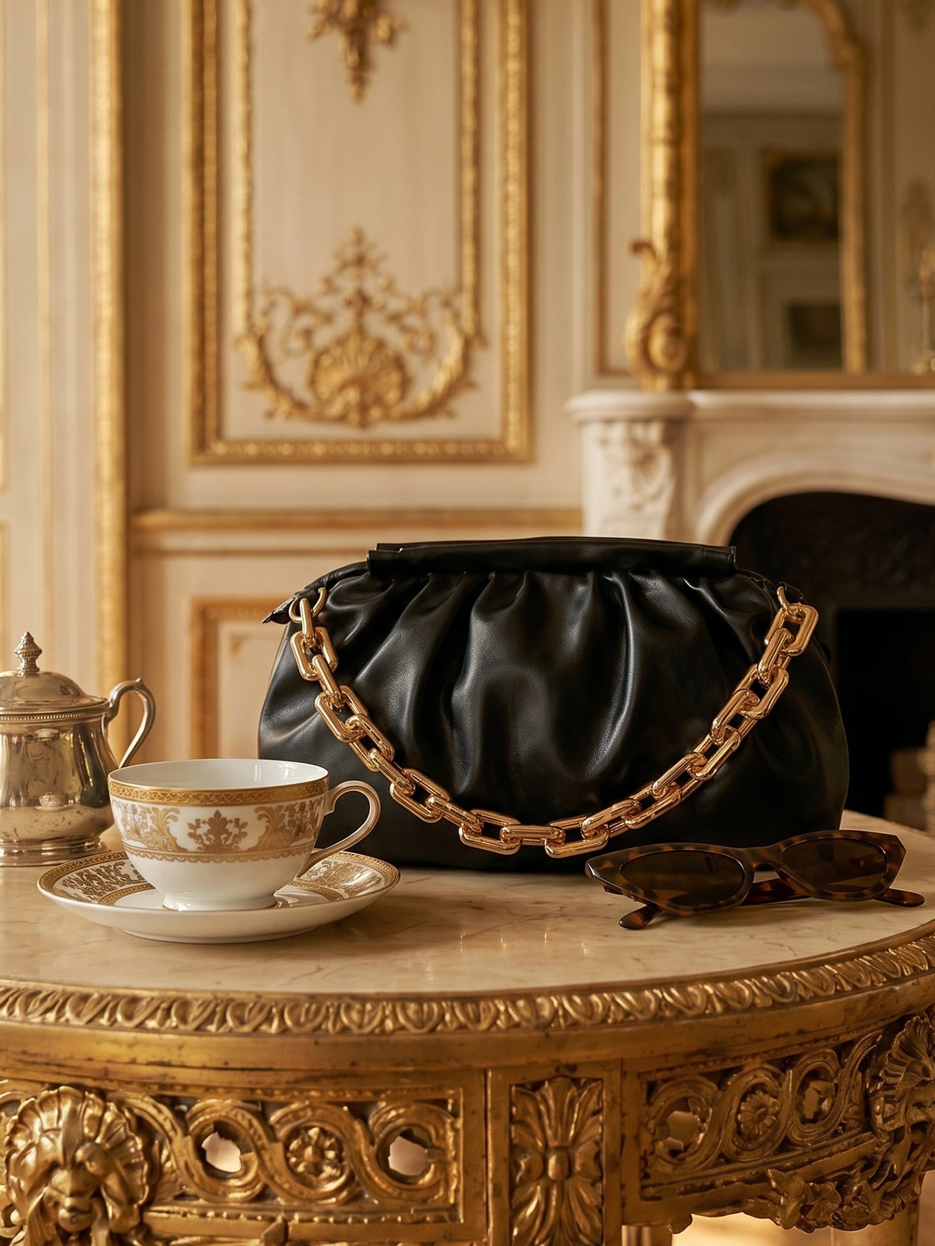 Minimalist Cloud Ruched Chain Decor Bag - Black