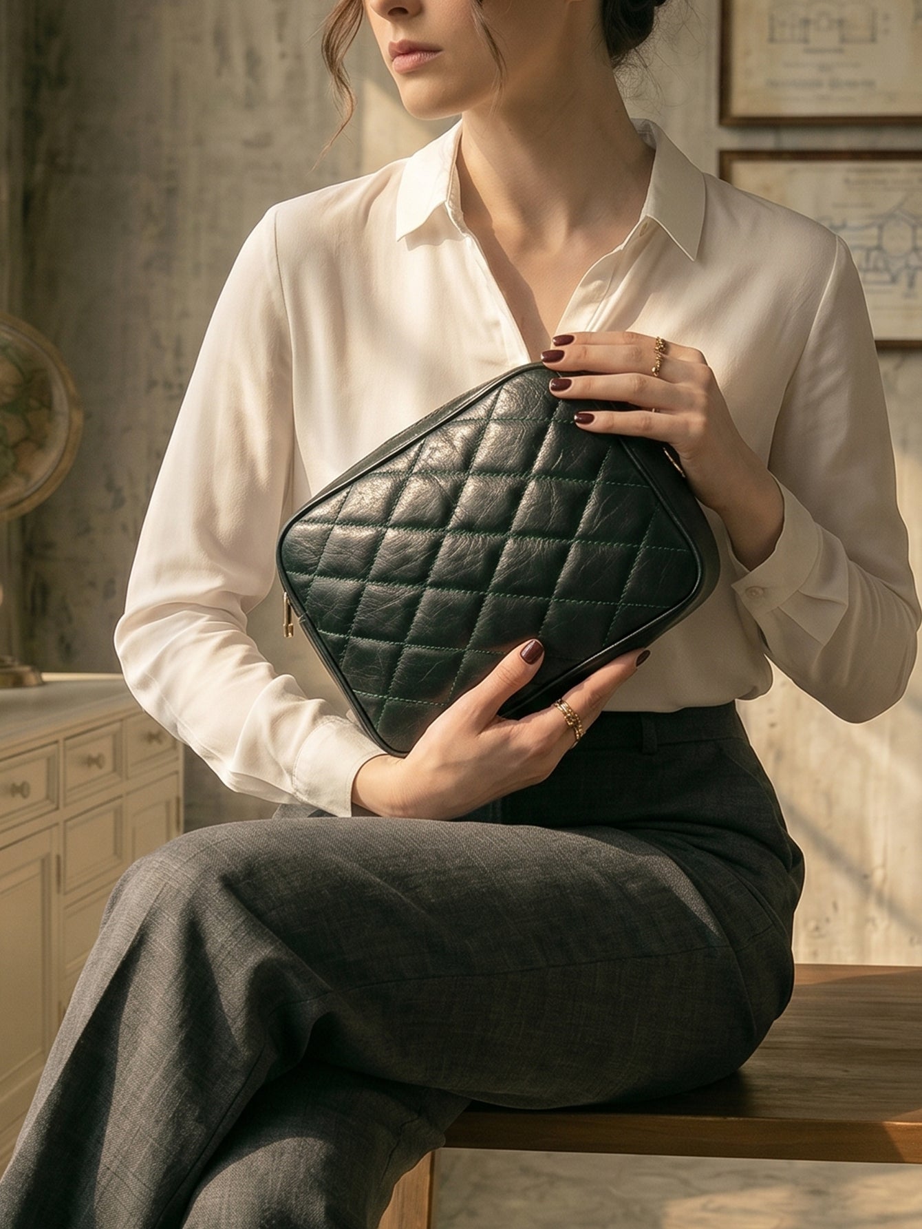 Minimalist Quilted Chain Crossbody Bag - Dark Olive Green