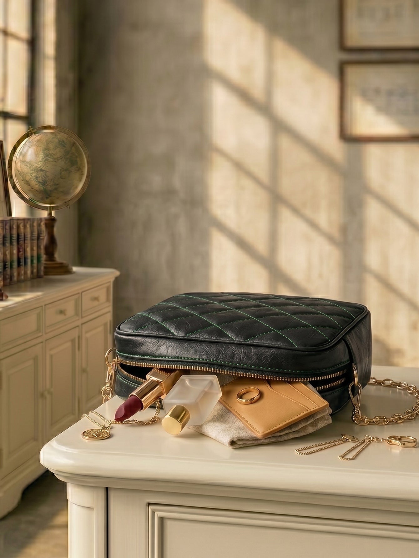 Minimalist Quilted Chain Crossbody Bag - Dark Olive Green