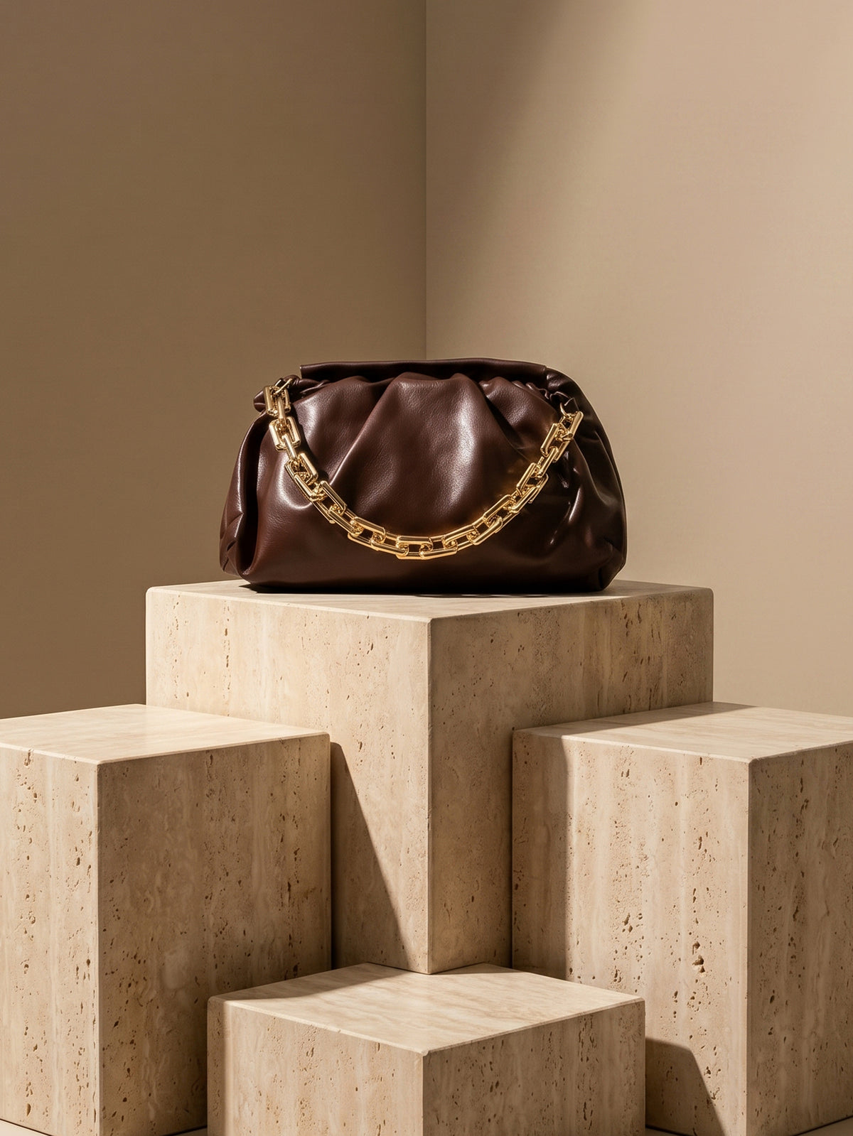 Minimalist Cloud Ruched Chain Decor Bag - Mocha Brown - www.thetreasurebox.me