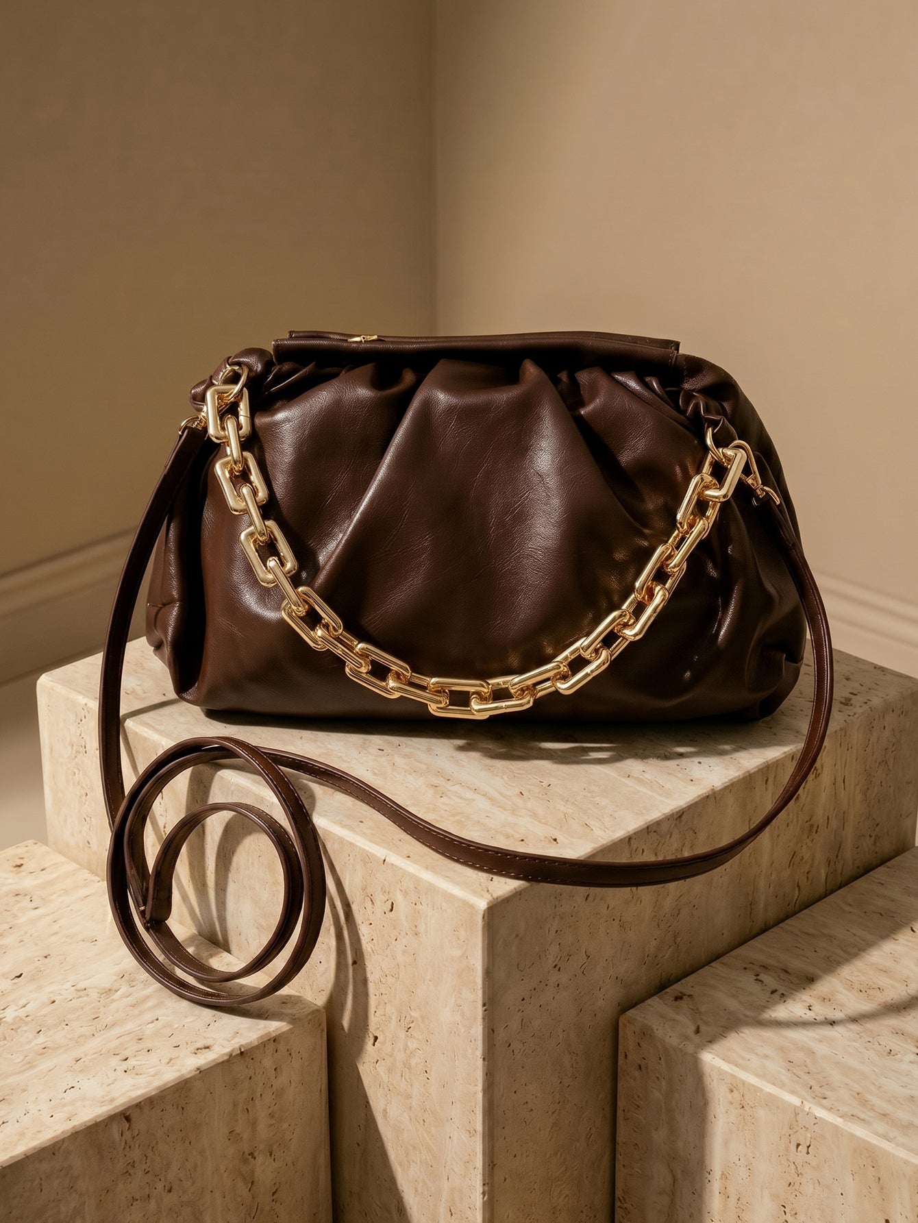 Minimalist Cloud Ruched Chain Decor Bag - Mocha Brown - www.thetreasurebox.me