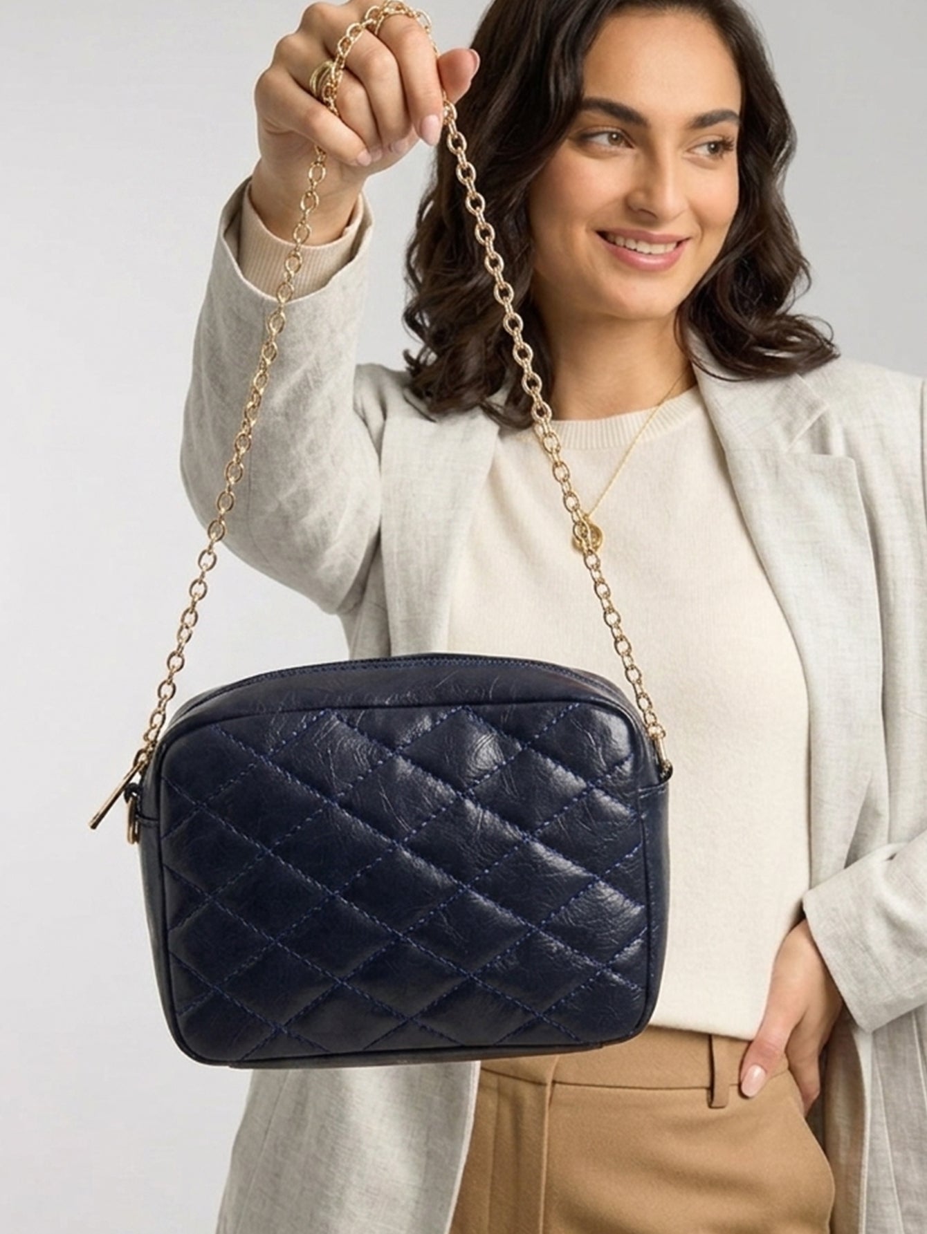 Minimalist Quilted Chain Crossbody Bag - Dark Navy Blue