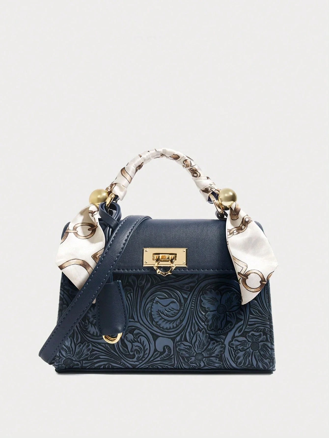 Navy Blue Floral Embossing Patchwork Square Flap Closure Twilly Scarf Decor Satchel Bag