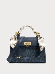 Navy Blue Floral Embossing Patchwork Square Flap Closure Twilly Scarf Decor Satchel Bag