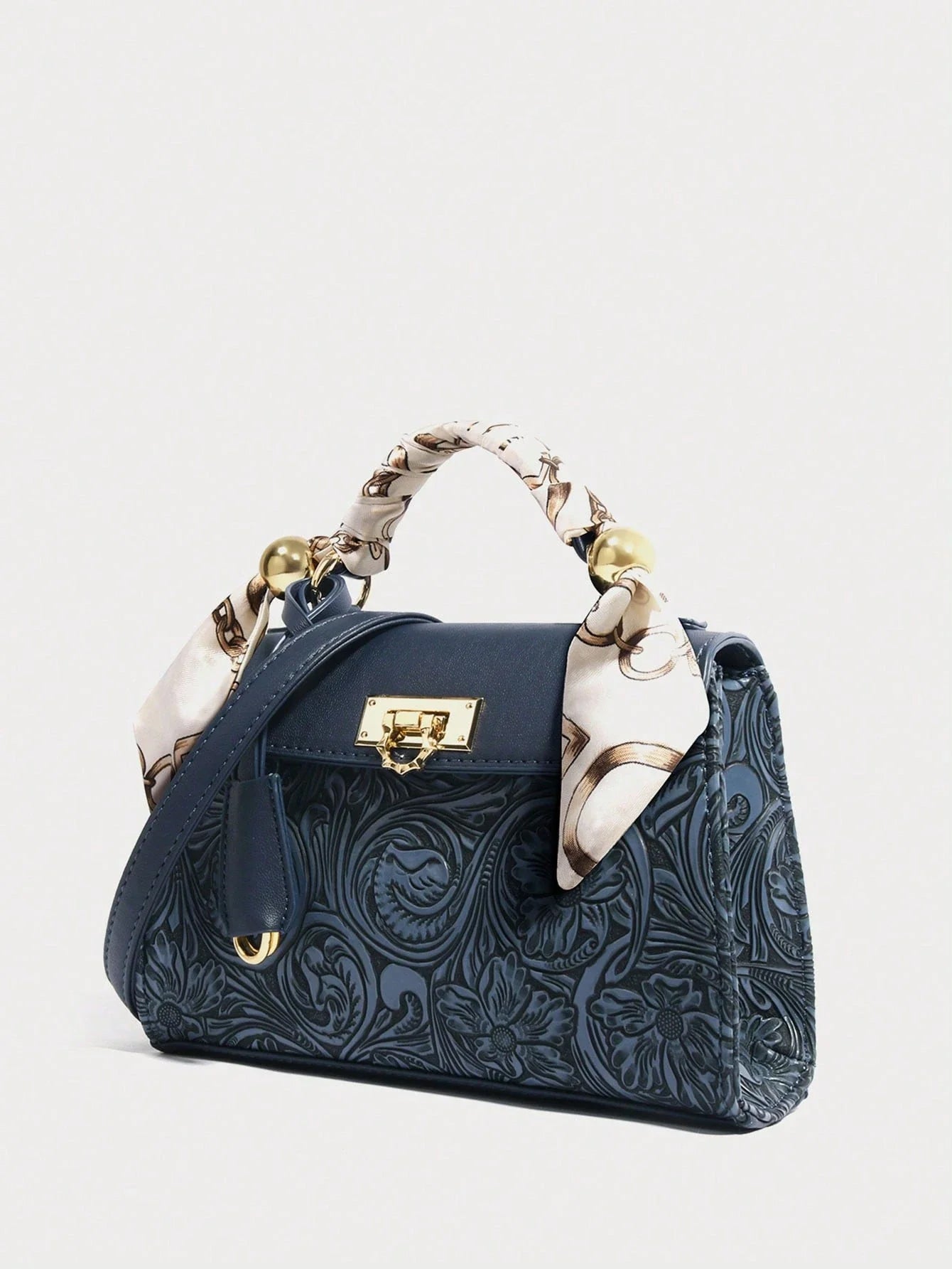 Navy Blue Floral Embossing Patchwork Square Flap Closure Twilly Scarf Decor Satchel Bag