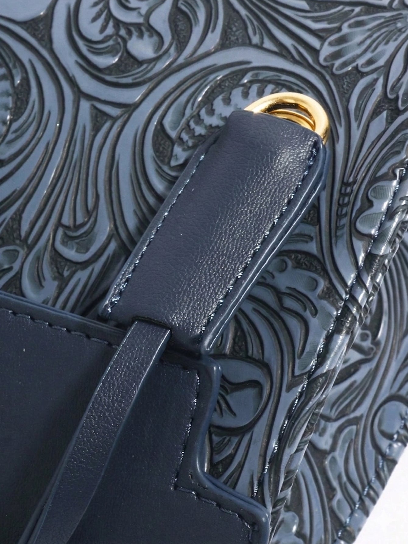 Navy Blue Floral Embossing Patchwork Square Flap Closure Twilly Scarf Decor Satchel Bag