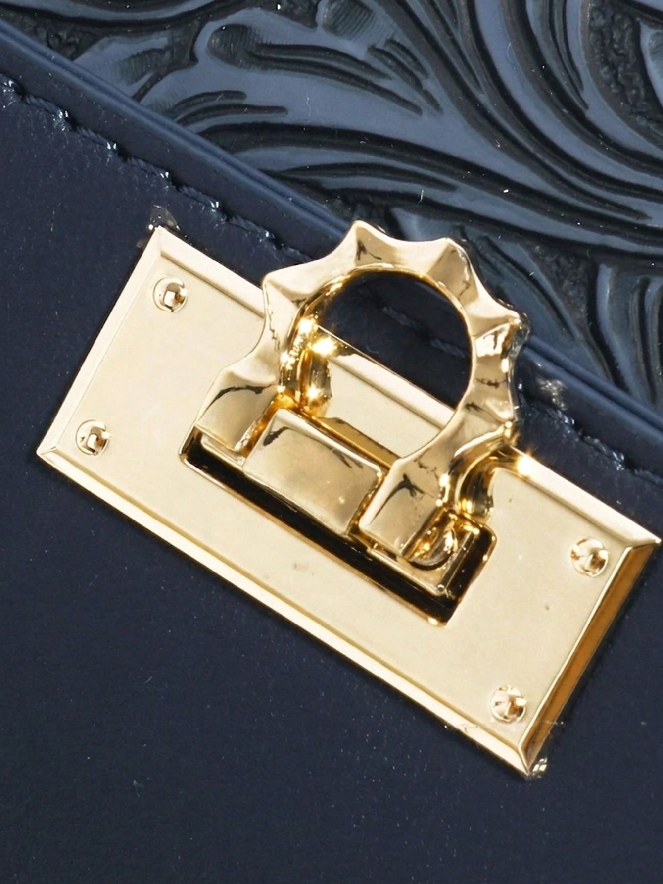Navy Blue Floral Embossing Patchwork Square Flap Closure Twilly Scarf Decor Satchel Bag
