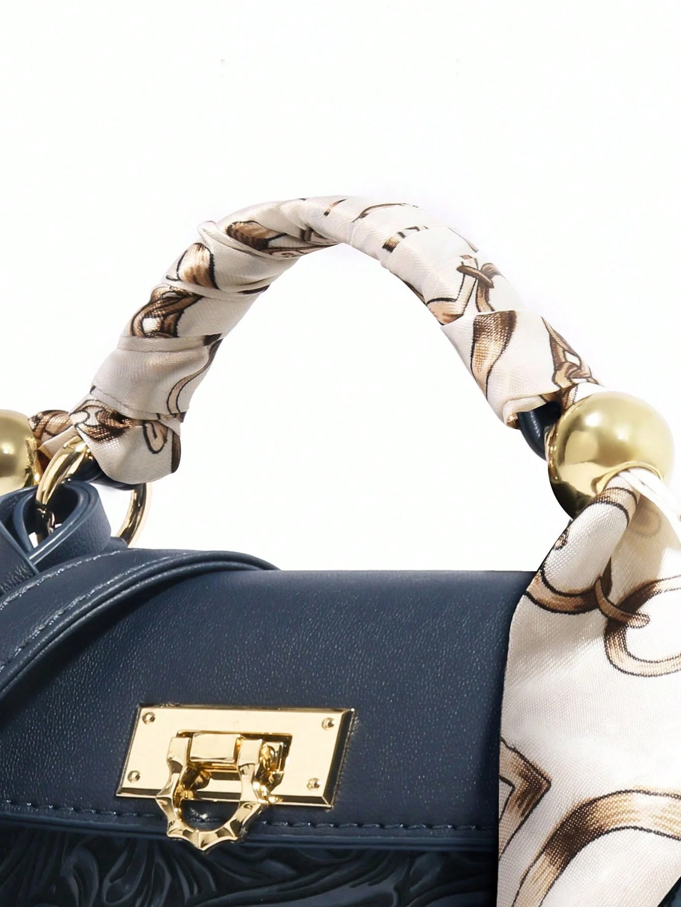 Navy Blue Floral Embossing Patchwork Square Flap Closure Twilly Scarf Decor Satchel Bag