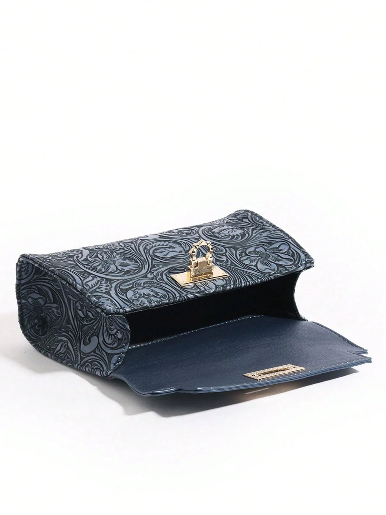 Navy Blue Floral Embossing Patchwork Square Flap Closure Twilly Scarf Decor Satchel Bag
