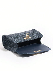 Navy Blue Floral Embossing Patchwork Square Flap Closure Twilly Scarf Decor Satchel Bag