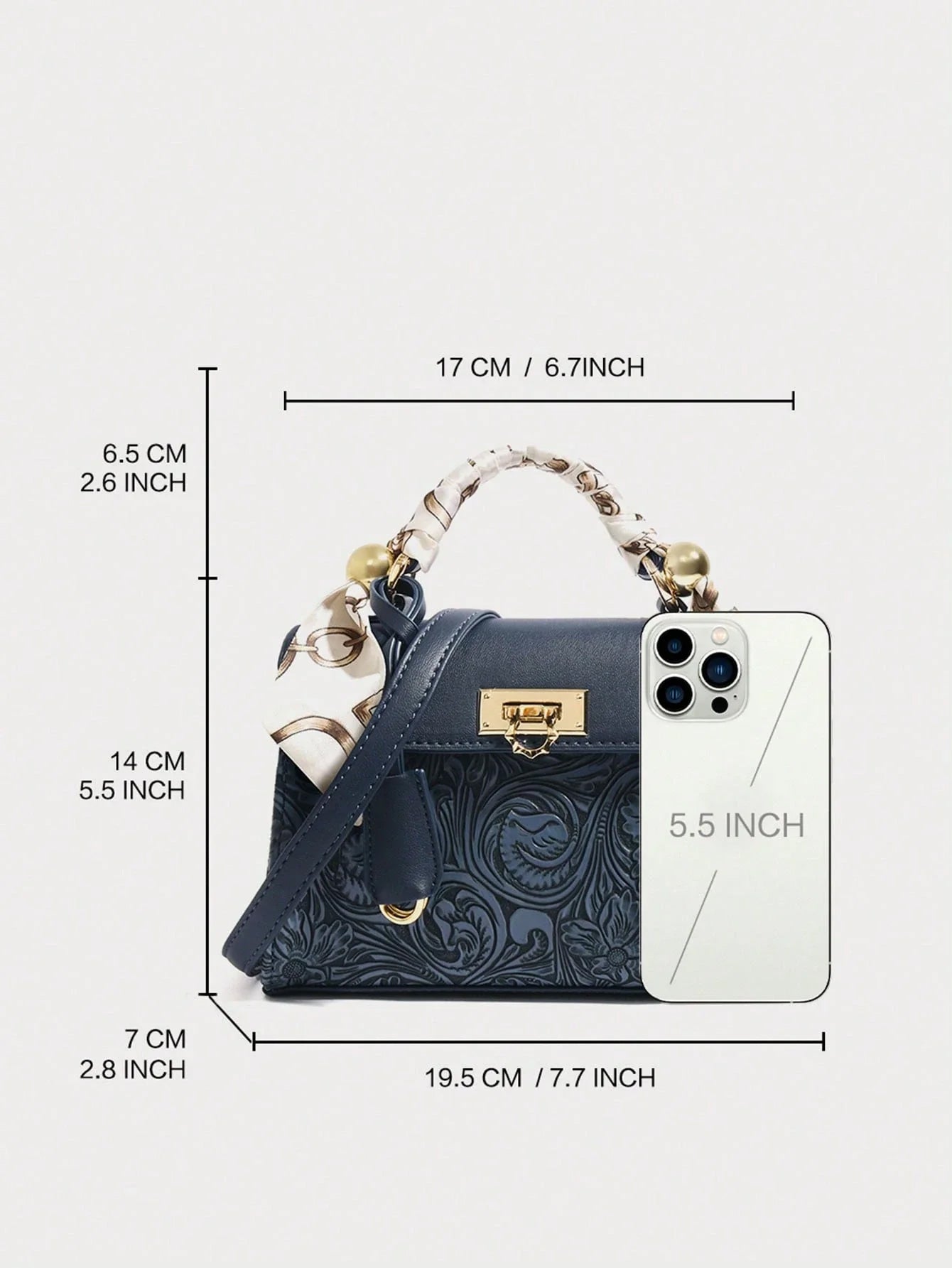 Navy Blue Floral Embossing Patchwork Square Flap Closure Twilly Scarf Decor Satchel Bag