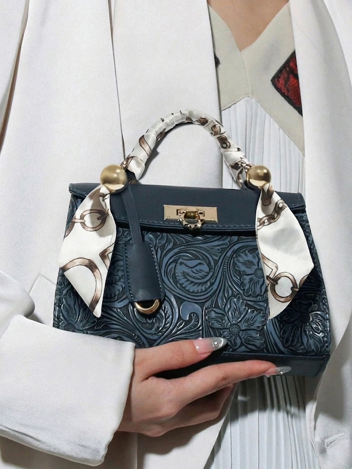 Navy Blue Floral Embossing Patchwork Square Flap Closure Twilly Scarf Decor Satchel Bag