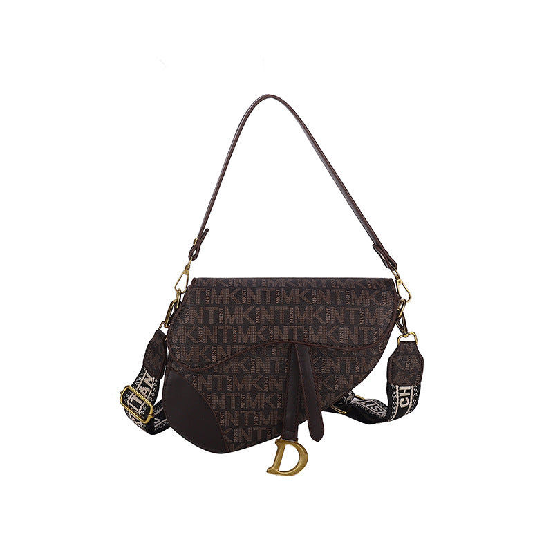 Letter Print Saddle Crossbody Bag - Coffee Brown - FD ⚡