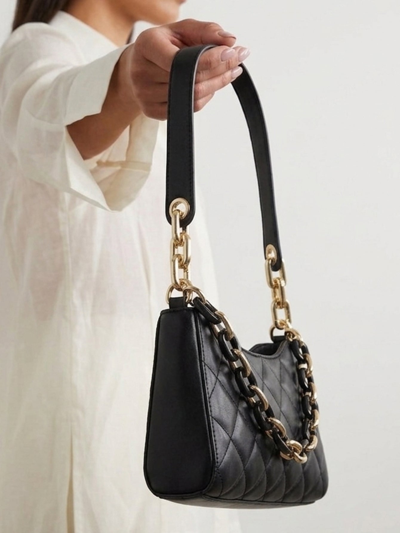 Quilted Chain Decor Baguette Bag  - Black - www.thetreasurebox.me