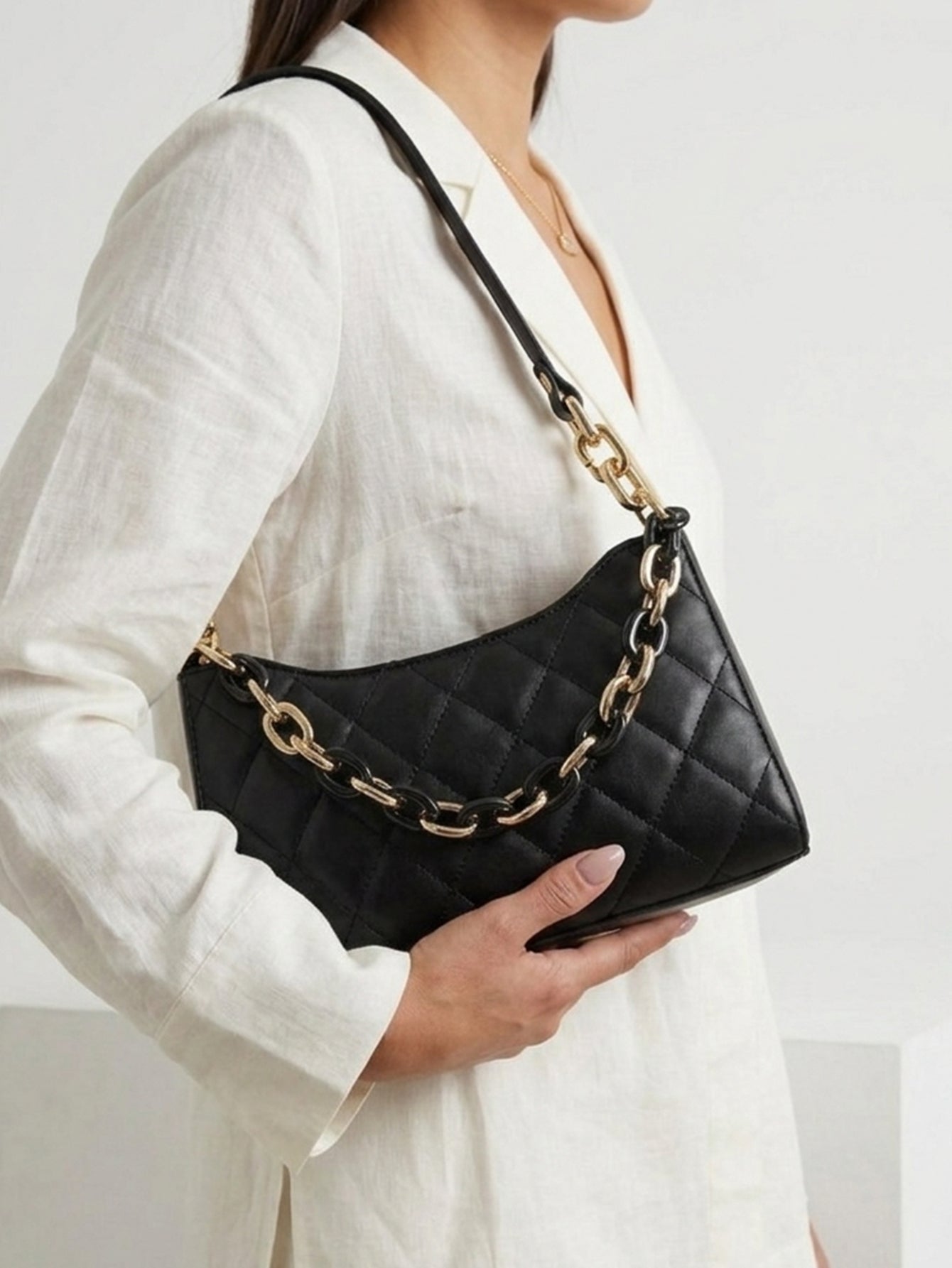 Quilted Chain Decor Baguette Bag  - Black - www.thetreasurebox.me