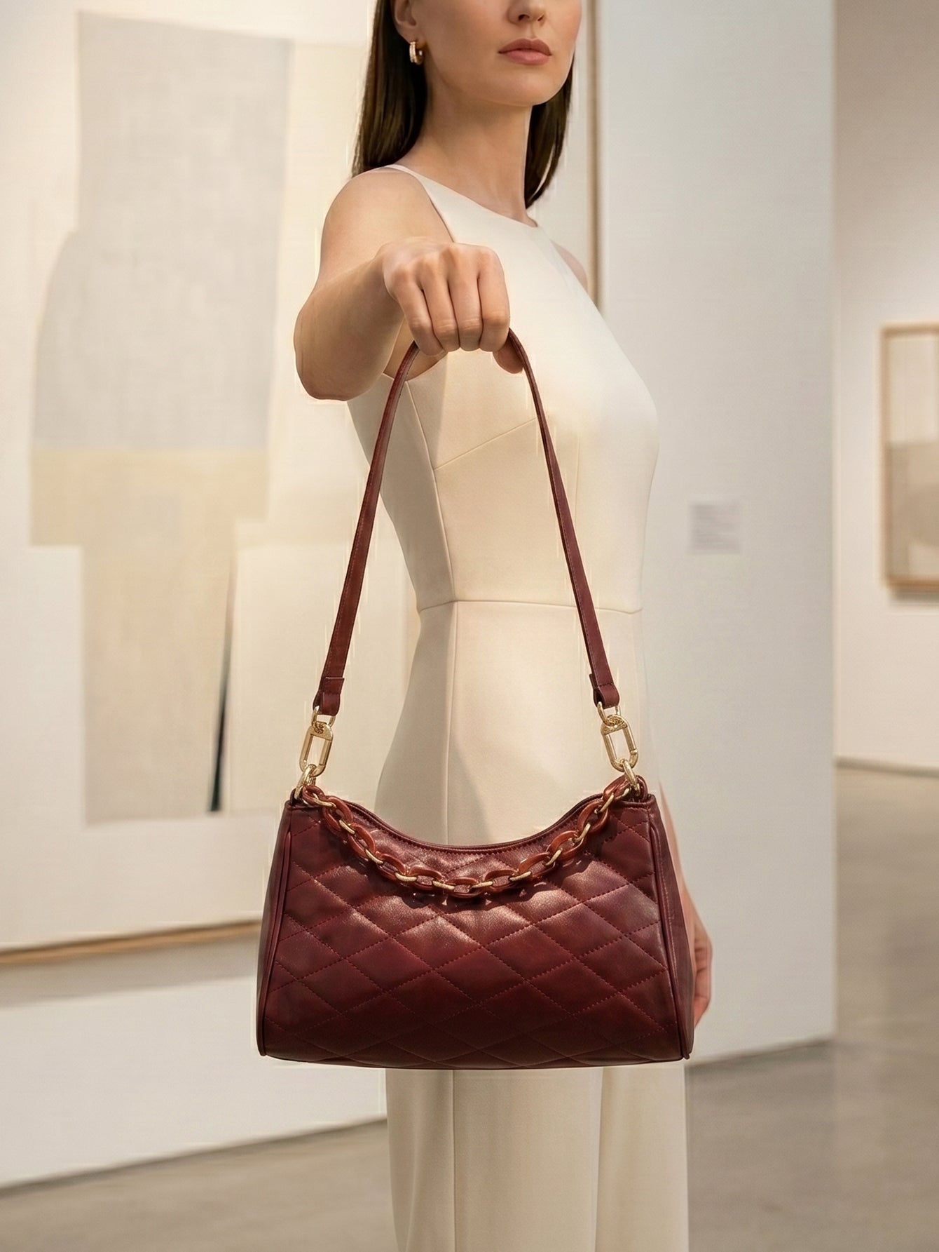 Quilted Chain Decor Baguette Bag  - Burgundy