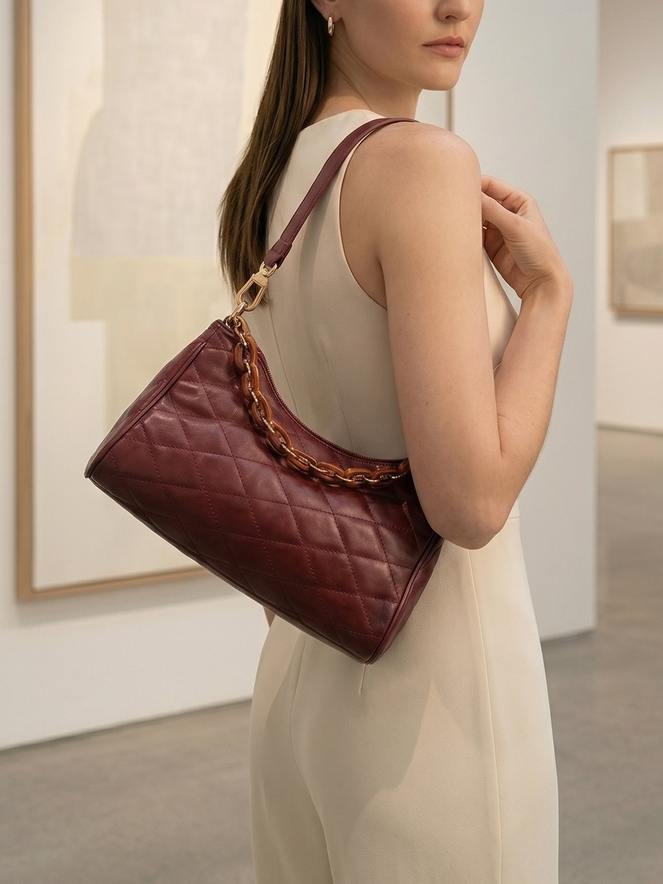 Quilted Chain Decor Baguette Bag  - Burgundy