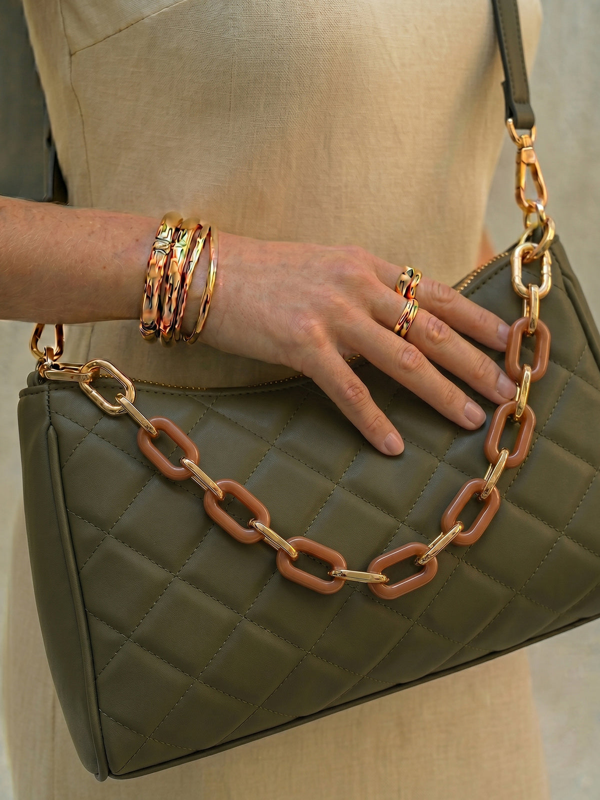 Quilted Chain Decor Baguette Bag - Olive Green