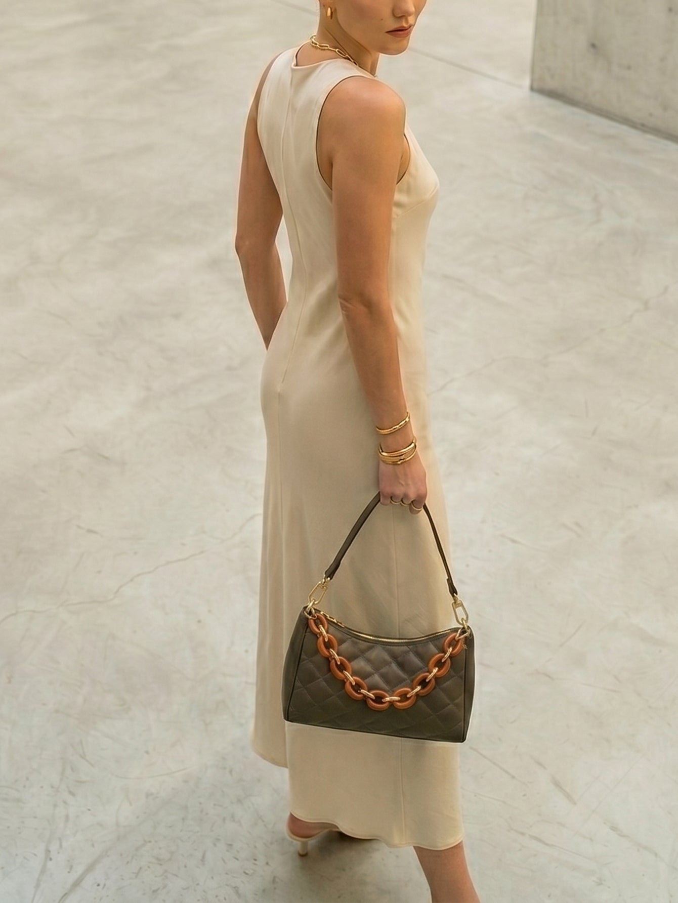 Quilted Chain Decor Baguette Bag - Olive Green
