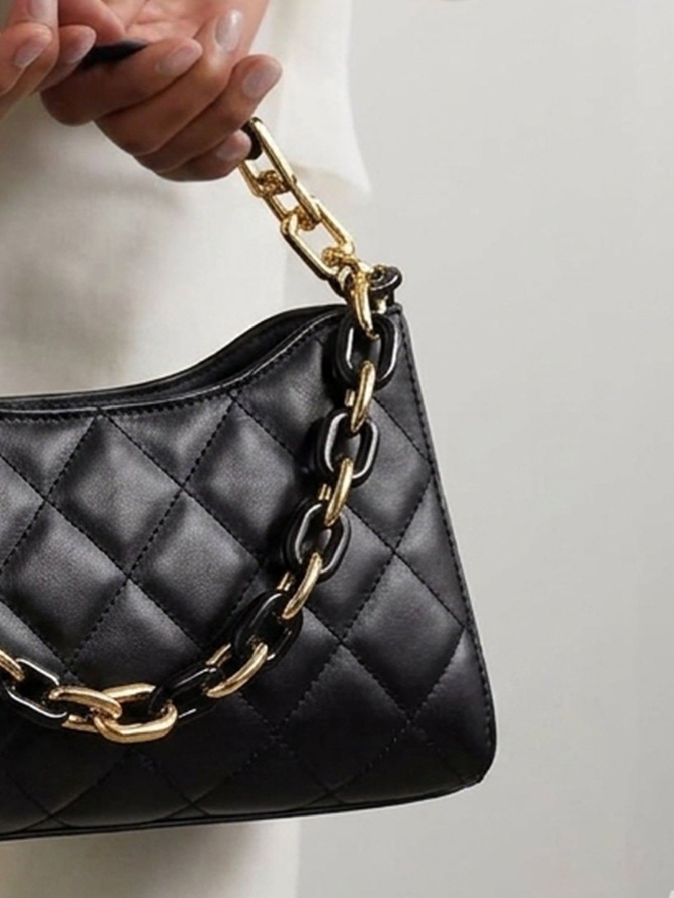 Quilted Chain Decor Baguette Bag  - Black - www.thetreasurebox.me
