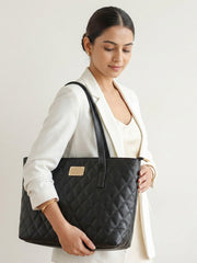 Quilted Pattern Shoulder Tote Bag - Black