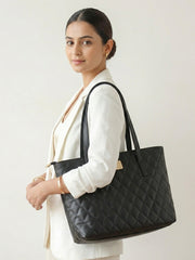 Quilted Pattern Shoulder Tote Bag - Black