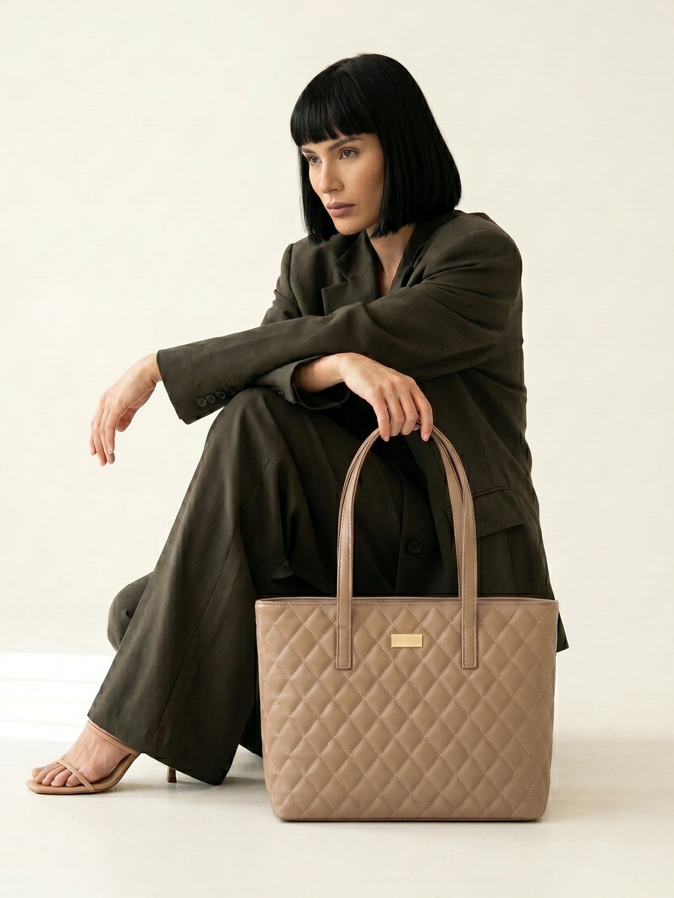 Quilted Pattern Shoulder Tote Bag - Khaki
