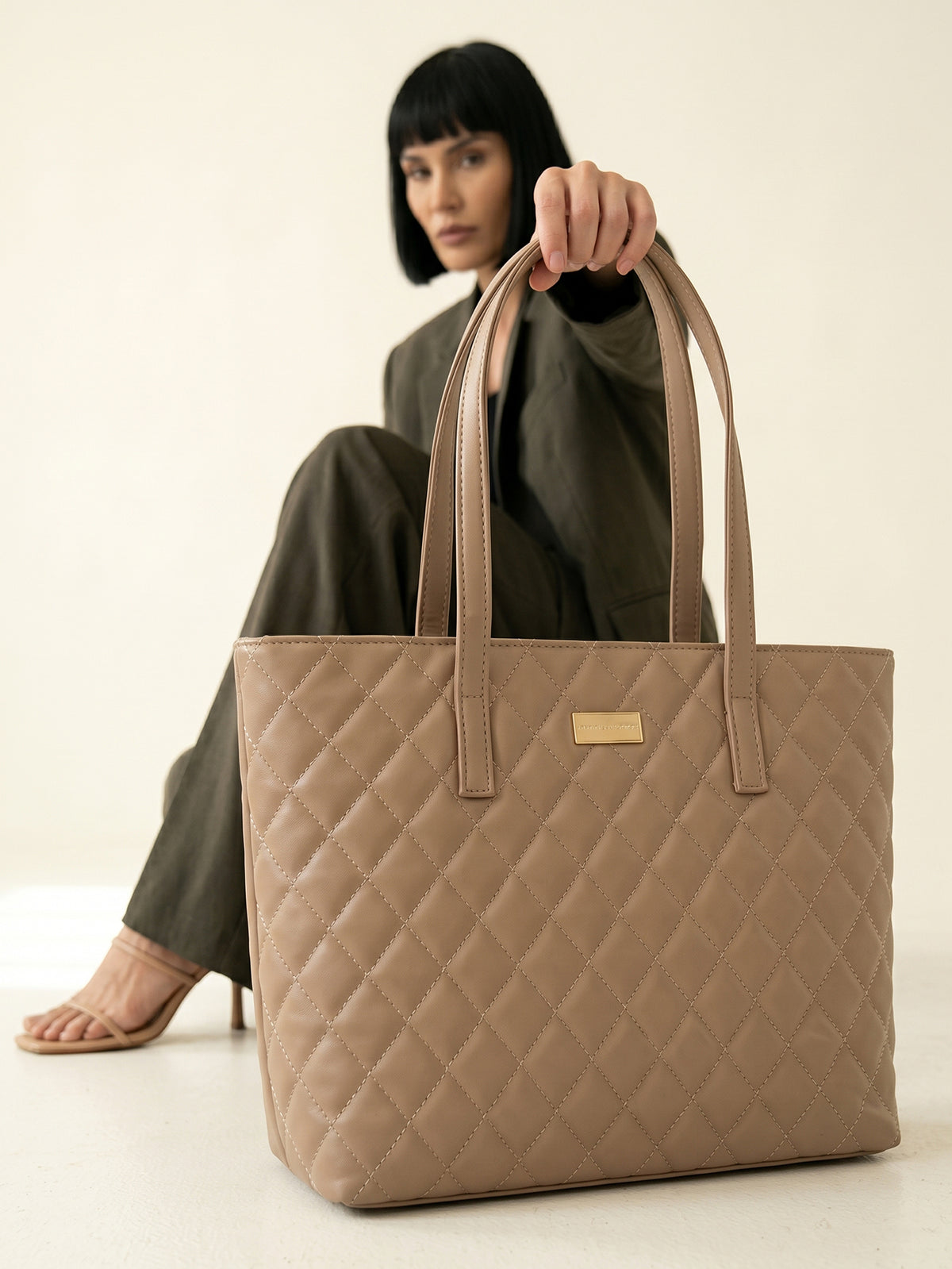 Quilted Pattern Shoulder Tote Bag - Khaki