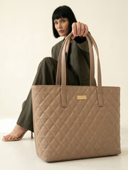 Quilted Pattern Shoulder Tote Bag - Khaki