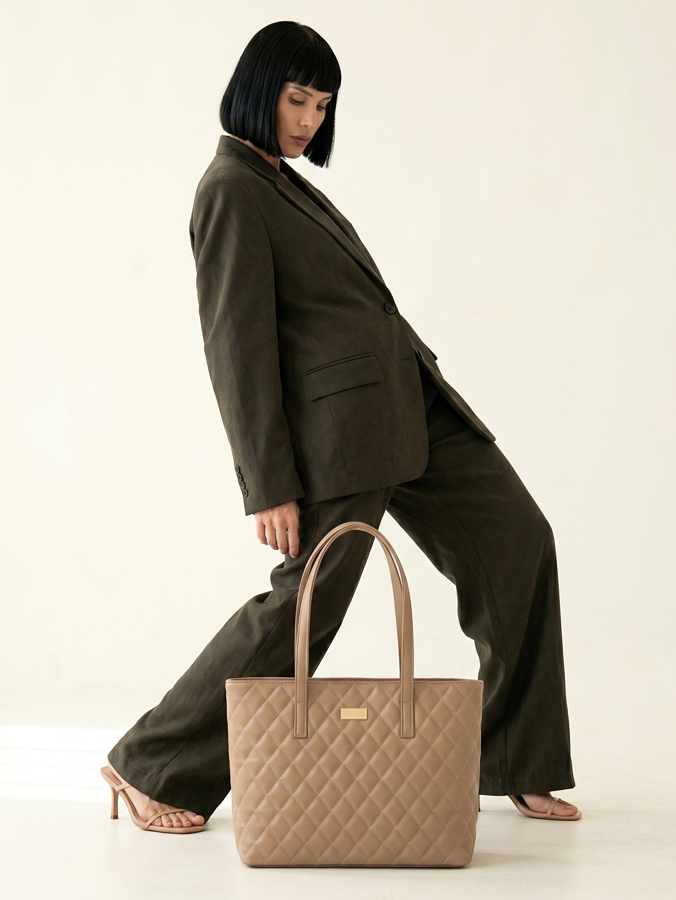 Quilted Pattern Shoulder Tote Bag - Khaki