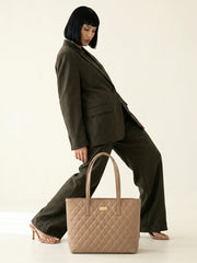 Quilted Pattern Shoulder Tote Bag - Khaki