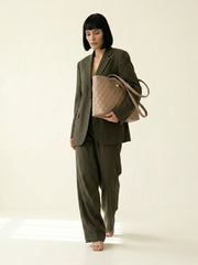 Quilted Pattern Shoulder Tote Bag - Khaki