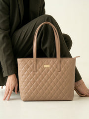 Quilted Pattern Shoulder Tote Bag - Khaki