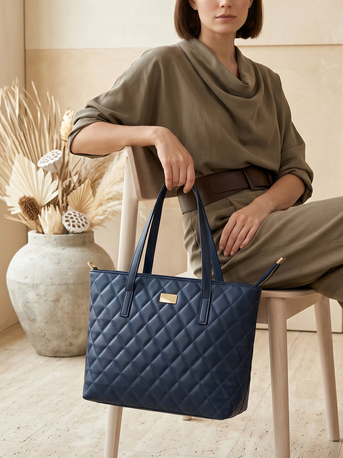 Quilted Pattern Shoulder Tote Bag - Navy Blue