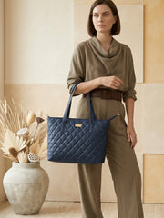 Quilted Pattern Shoulder Tote Bag - Navy Blue