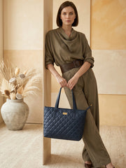 Quilted Pattern Shoulder Tote Bag - Navy Blue
